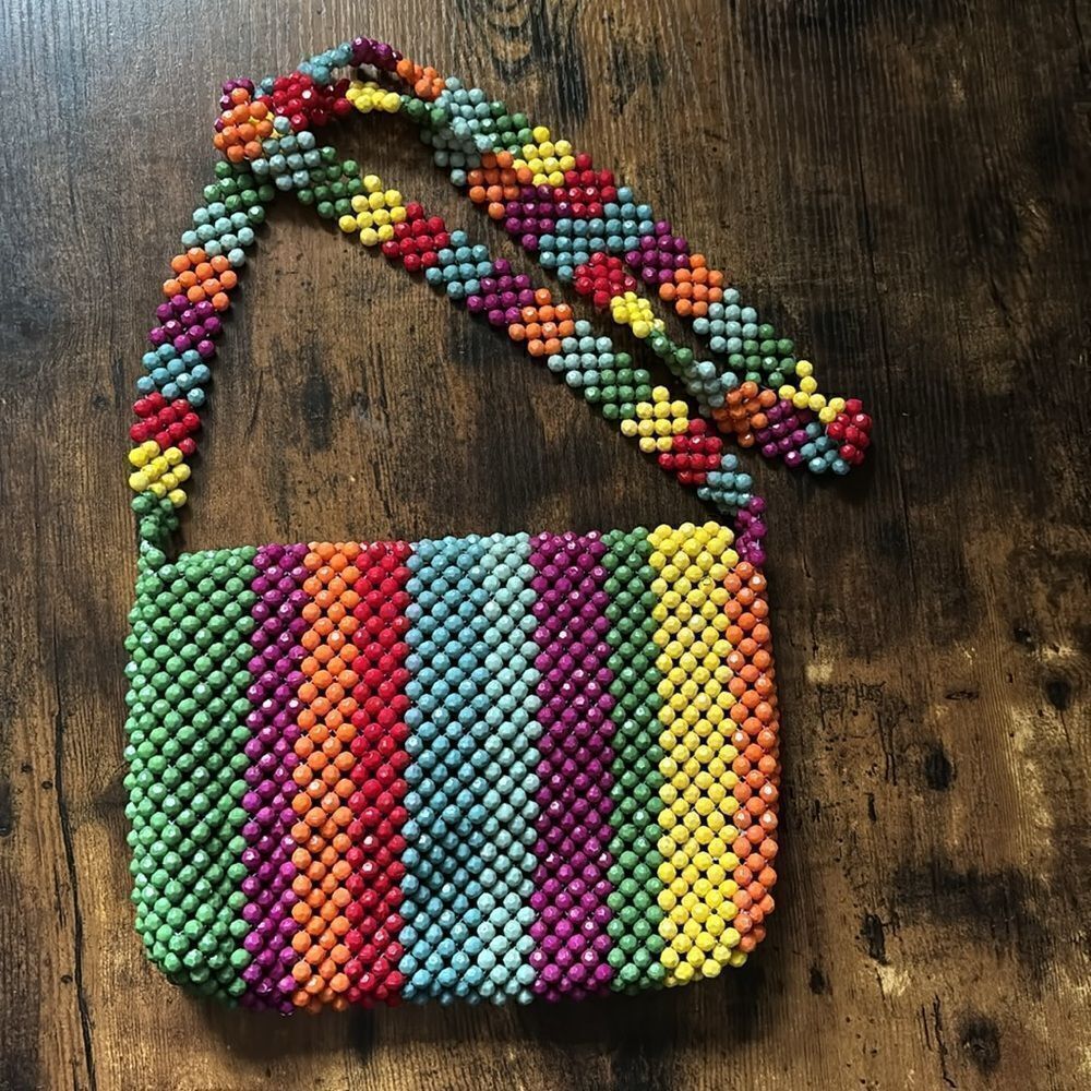 1970’s Cynthia Rowley Rainbow Stripe Beaded Multicolor Crossbody Ba.g - Picture 4 of 11